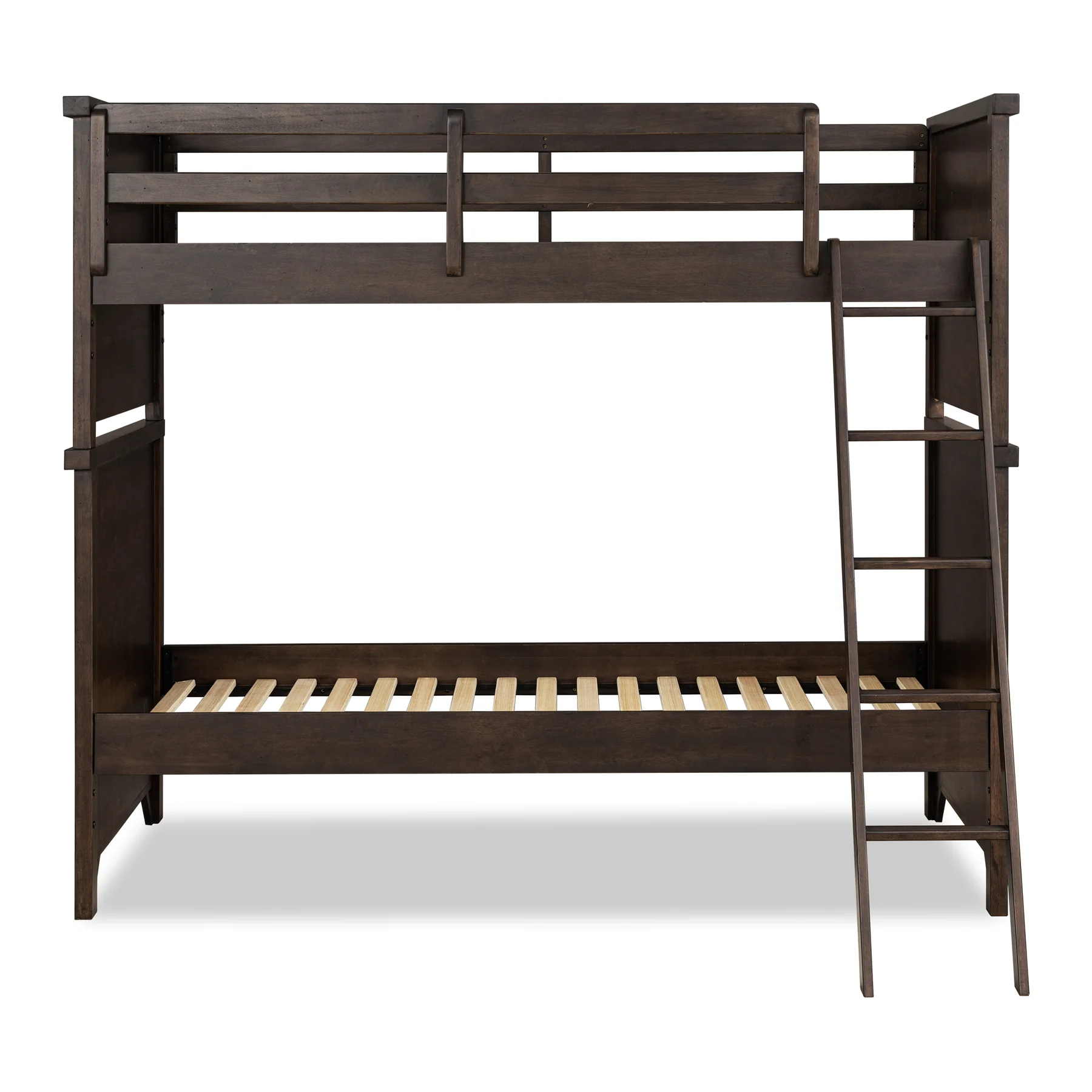Front view of the bunk bed showing guardrails, bed slats and ladder
